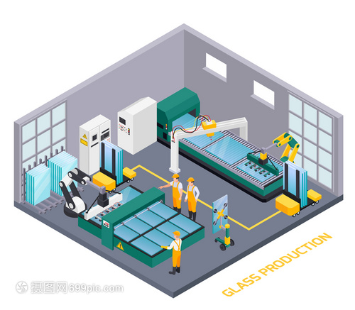 璃生产等距成与文本室内视图璃工厂操作部门与人类工人矢量插图